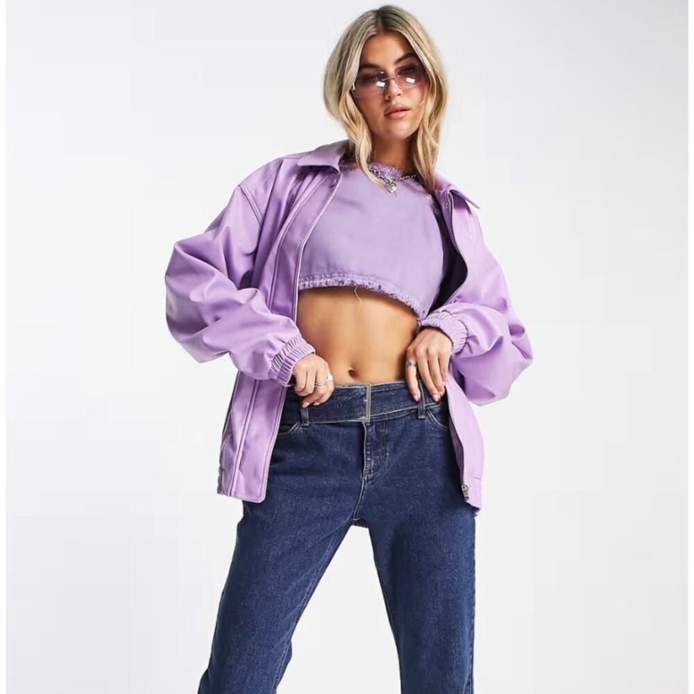 ASOS DESIGN faux leather bomber jacket in purple